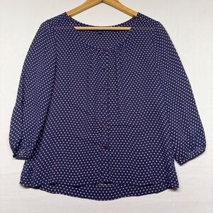 Boden Polka Dot Blouse Size 10 Navy Semi Sheer Button Front‎ 3/4 Sleeve Top